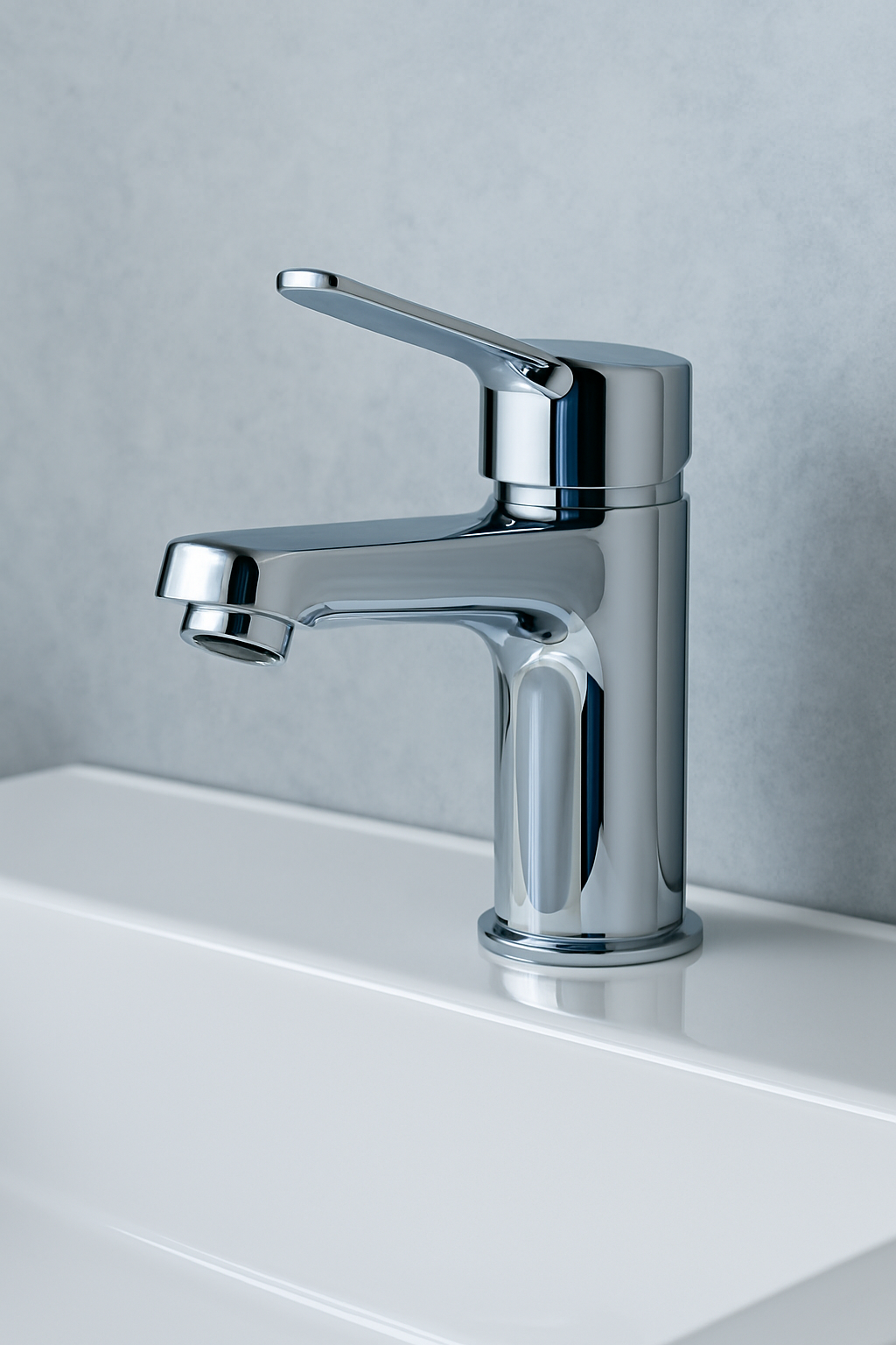 Robinet moderne en chrome installé sur un lavabo blanc