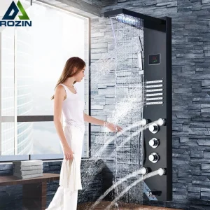 Panneau de douche à lumière LED, pommeau de douche pluie cascade, jets de massage SPA, tour de colonne de douche, affichage numérique de la température de l&rsquo;eau