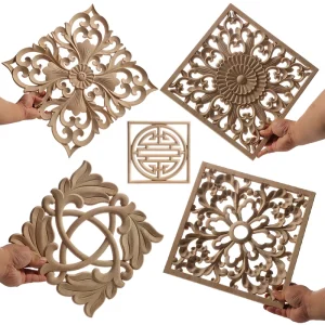 Applique décorative en bois Unique, fleurs naturelles exquises, sculpture en bois, décalcomanie, meubles de maison, porte, décor carré