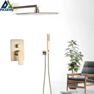Ensemble de douche de bain à montage mural doré brossé, douche à effet pluie, robinet de centre commercial, douchette à main, poignée unique, 8 po Ensemble de douche de bain à montage mural doré brossé, douche à effet pluie, robinet de centre commercial, douchette à main, poignée unique, 8 po