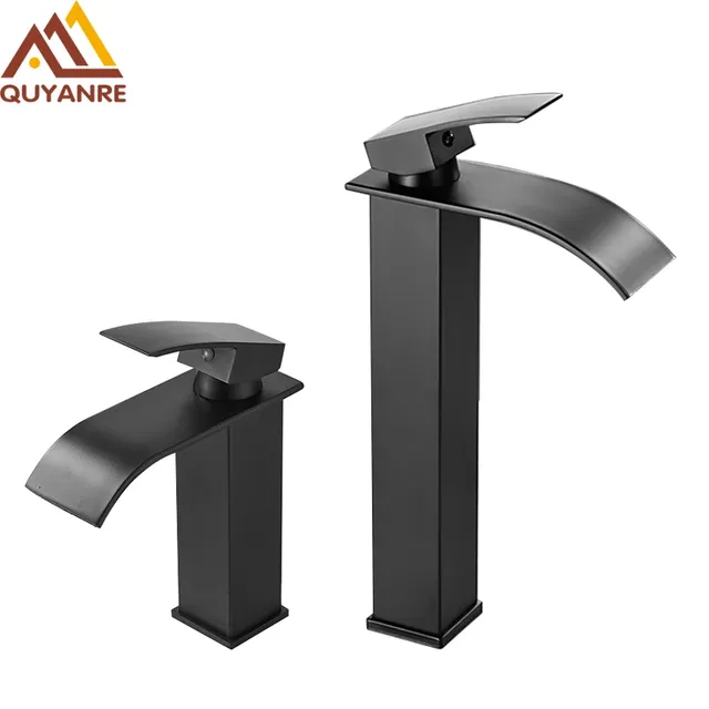 Quyanre robinet de lavabo cascade noir mat mélangeur à… – vue 2