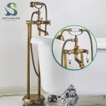 Baignoire autoportante à double poignées, robinet en laiton Antique avec douchette à main, pour moyeu chaud