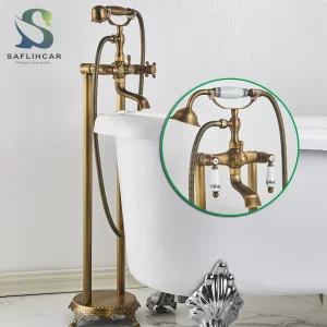 Baignoire autoportante à double poignées, robinet en laiton Antique avec douchette à main, pour moyeu chaud