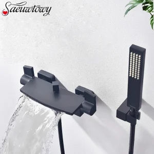 Baignoire Cascade Murale en Laiton avec Douchette à Main Pluie, Robinet à Bec