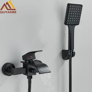 Robinet de baignoire noir mat, cascade de douche, mélangeur d&rsquo;eau chaude et froide mural pour salle de bains, robinet de douche de bain chromé
