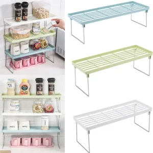 Organisateur placard cuisine étagère rangement empilable compact drainant ventilé plastique inoxydable pieds pliables bocaux épices tasses condiments pastel