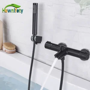 Robinet mitigeur thermostatique en laiton chromé noir, ensemble de douche encastré, montage mural, douche chaude et froide