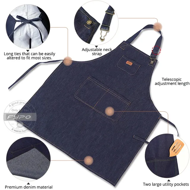 Tablier denim indigo épais unisexe taille moyenne… – vue 2