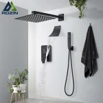 Ensemble de robinets de douche noirs système de douche à effet pluie mural boîte intégrée cachée cascade salle de bains mitigeur robinet avec bec de baignoire