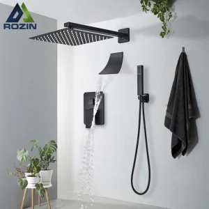 Ensemble de robinets de douche noirs système de douche à effet pluie mural boîte intégrée cachée cascade salle de bains mitigeur robinet avec bec de baignoire