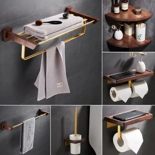Ensemble accessoires salle bain mural bois noyer métal doré brossé…