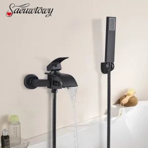 robinet baignoire mural noir mat cascade large monocommande levier unique douchette main rectangulaire support fixation flexible inox corps métal robuste