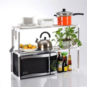 organisateur cuisine inox étagère microondes rangement deux niveaux rétractable antibactérien plastique ABS chromé tubulaire compact léger polyvalent gain place robuste