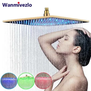 Pomme de douche LED robinets de douche pluie dorée, accessoire de salle de bains, montage mural au plafond, pommes de douche carrées pulvérisateur