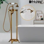 Robinet de baignoire autoportant à double poignées, salle de bains, montage au sol, robinet de baignoire en laiton Antique avec douchette à main, bec rotatif