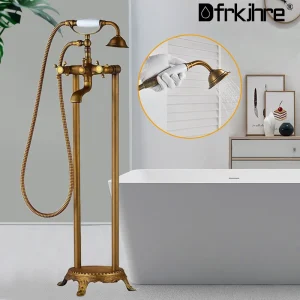 Robinet de baignoire autoportant à double poignées, salle de bains, montage au sol, robinet de baignoire en laiton Antique avec douchette à main, bec rotatif