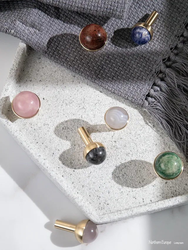 Poignée meuble laiton rose quartz naturel cabochon poli… – vue 2