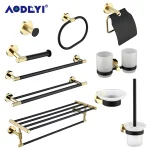 Ensemble de matériel de salle de bains, crochet de Robe noir, barre de porte-serviettes en or, étagère à anneaux, porte-papier en laiton, porte-brosse à dents