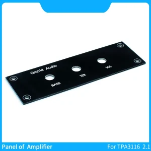 panneau avant amplificateur compatible TPA3116 WM034GT rectangulaire aluminium anodisé noir mat sérigraphie blanche Orchid Audio trois découpes circulaires