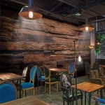 papier peint mural personnalisé effet bois vieilli 3D relief larges lames horizontales brun foncé style industriel rustique