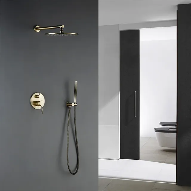 Ensemble douche pluie mural laiton brossé doré moderne… – vue 5