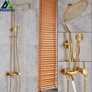 Ensemble de douche doré robinet à poignée unique mélangeur de douche à 3 voies 8 « avec douchette à main bec de cascade système de douche de bain Ensemble de douche doré robinet à poignée unique mélangeur de douche à 3 voies 8 « avec douchette à main bec de cascade système de douche de bain