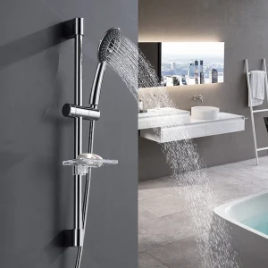 Barre coulissante de douche réglable avec porte-savon, accessoires de salle de bains, ensemble de barres coulissantes de douche avec pomme de douche à main chromée