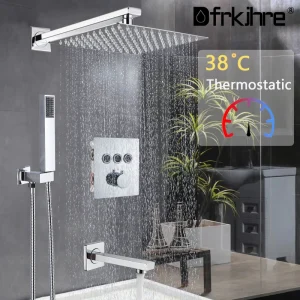 Ensemble de robinets de douche thermostatiques à montage mural pour salle de bains, système de robinets dissimulés chromés, bec de baignoire pivotant, ensemble combiné de robinets mélangeurs