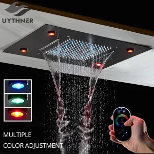 pommeau douche plafond encastrable carré pluie inoxydable noir mat brossé led RVB télécommande réglable intensité cascades buses centrales