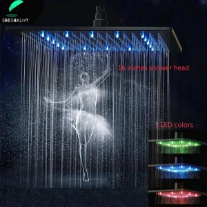 pommeau douche pluie carré acier inox noir mat LED tricolore hydroélectrique autonome grande surface couverture pivotant profil fin buses multiples