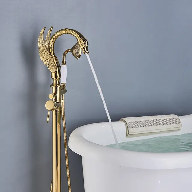 Nnekjcag robinet de baignoire au sol en cygne doré – vue 2
