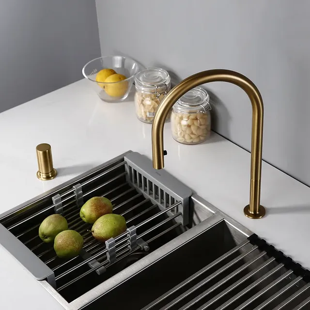 Robinet cuisine laiton mat brossé mitigeur bec haut… – vue 6