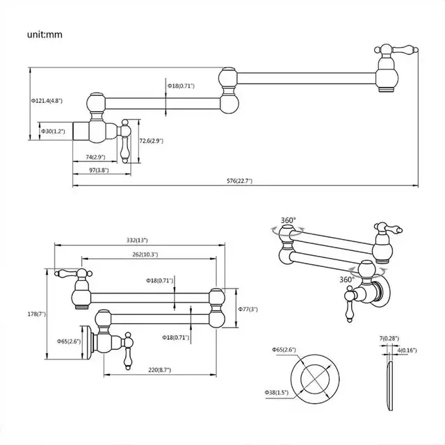 Robinet mural pliable bras double laiton massif brossé… – vue 6