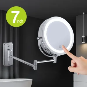 Miroir de salle de bain étendu à bras pliant avec lumière LED, miroirs de maquillage cosmétiques intelligents muraux Double face de 7 pouces