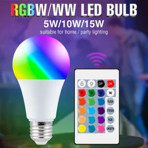 Ampoule LED colorée RVB avec télécommande IR, 16 couleurs, lampe à intensité variable, décoration de la maison, ampoules magiques, 220 SMD, 5W, 10W, 15W, 2835 V Ampoule LED colorée RVB avec télécommande IR, 16 couleurs, lampe à intensité variable, décoration de la maison, ampoules magiques, 220 SMD, 5W, 10W, 15W, 2835 V