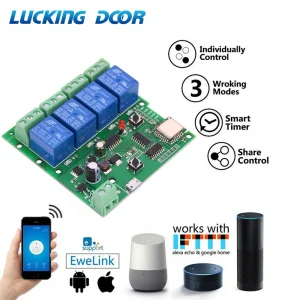 Commutateur WiFi sans fil Smart Life avec application Ewelink, télécommande, verrouillage autobloquant, relais 4 voies, Module de commutation intelligent pour la maison Commutateur WiFi sans fil Smart Life avec application Ewelink, télécommande, verrouillage autobloquant, relais 4 voies, Module de commutation intelligent pour la maison
