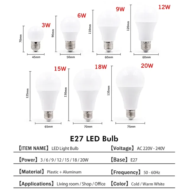 3W 6W 9W 12W 15W 18W 20W LED ampoule lampes E27 E14… – vue 4