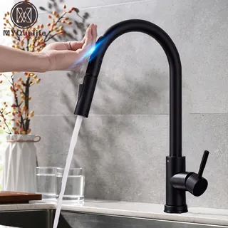 Robinet de cuisine noir à capteur extractible
