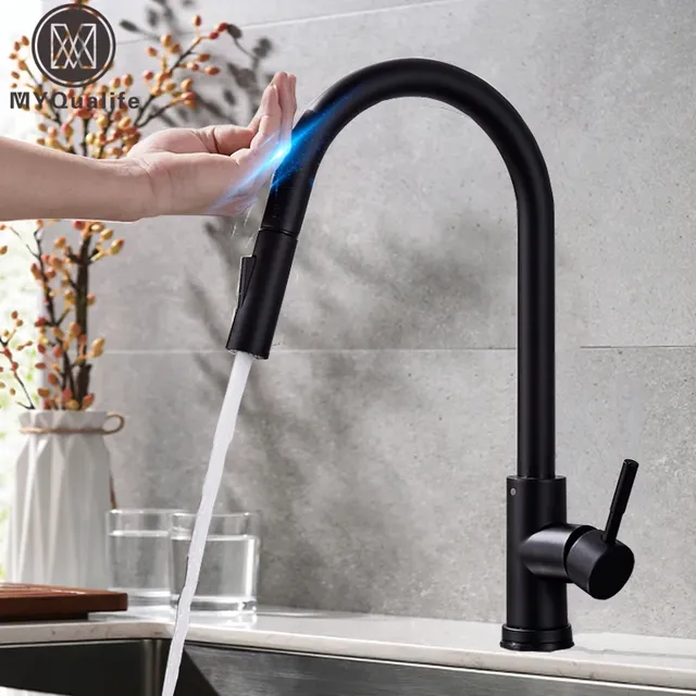 Robinet de cuisine noir à capteur extractible