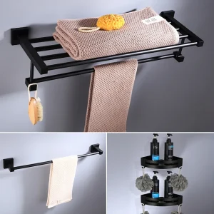 Porte-serviettes en aluminium noir, accessoires de salle de bains, porte-serviettes, porte-brosse de toilette, porte-serviettes, ensemble de matériel de salle de bains Porte-serviettes en aluminium noir, accessoires de salle de bains, porte-serviettes, porte-brosse de toilette, porte-serviettes, ensemble de matériel de salle de bains