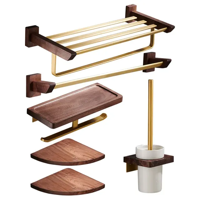 Ensemble accessoires salle bain mural bois noyer métal… – vue 3