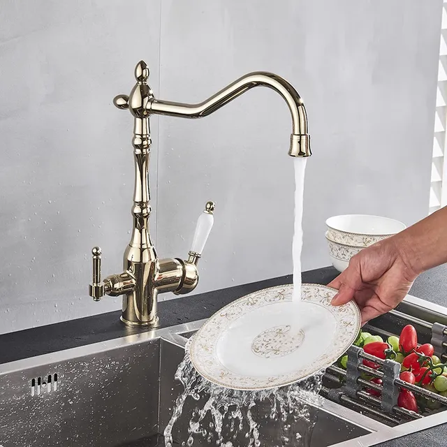 Robinet de cuisine doré avec filtre en laiton – vue 5