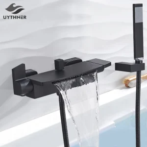 HOTub-Robinet de centre commercial à bec cascade à poignée unique, douchette à main, montage mural HOTub-Robinet de centre commercial à bec cascade à poignée unique, douchette à main, montage mural