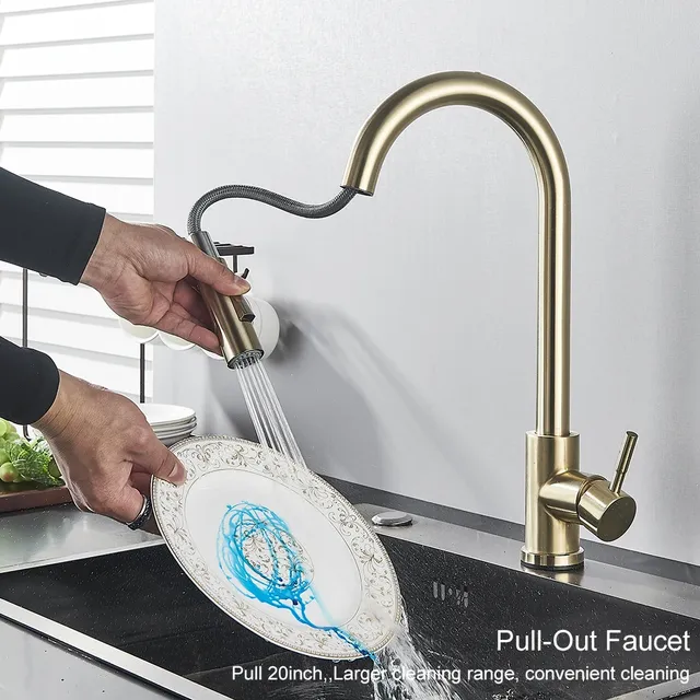 Robinet de cuisine doré à capteur extractible – vue 3
