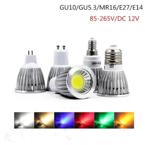 Ampoule LED à haute puissance, 6W 9W 12W COB GU5.3 GU10 inda E14 MR16, budgétaire à gradation, rouge vert bleu jaune, AC110V/220V AC/DC12V
