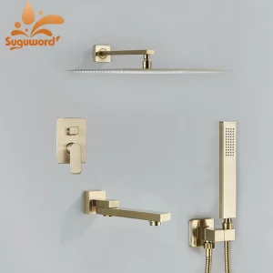 Ensemble de robinets de douche de salle de bains en or brossé, système de douche dissimulé à pluie, mitigeur d’eau froide et chaude à montage mural à poignée unique Ensemble de robinets de douche de salle de bains en or brossé, système de douche dissimulé à pluie, mitigeur d’eau froide et chaude à montage mural à poignée unique