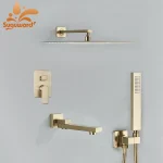 Ensemble de robinets de douche de salle de bains en or brossé, système de douche dissimulé à pluie, mitigeur d&rsquo;eau froide et chaude à montage mural à poignée unique
