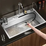 Robinet cascade d&rsquo;évier de cuisine Nano brossé multifonction, grand bol simple, lave-tasse, robinet pur, distributeur de savon en acier inoxydable