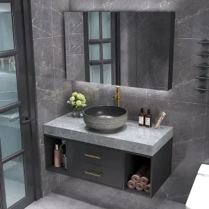 Armoire noire avec céramique d&rsquo;art au-dessus du comptoir, armoires d&rsquo;HOVanity modernes, évier avec miroir HOFurniture