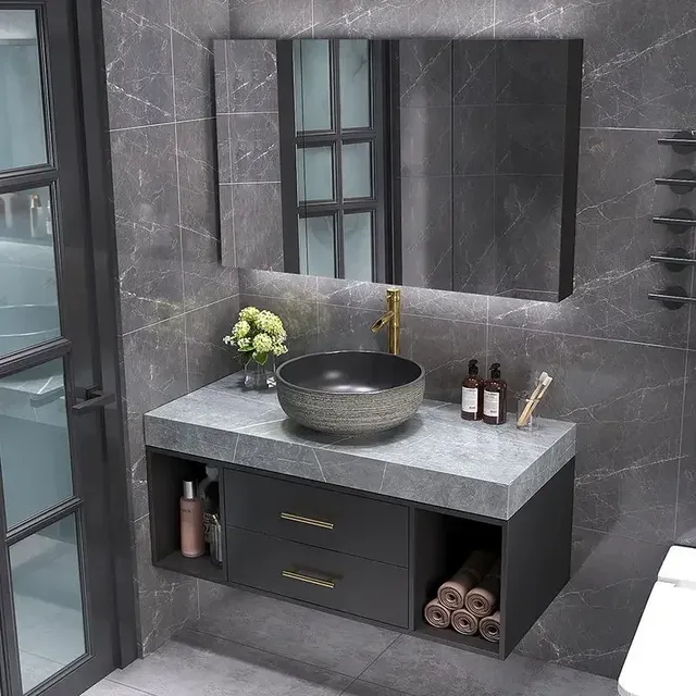 Meuble vasque mural contemporain marbre gris ronde…